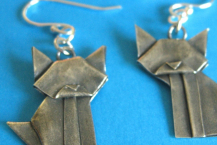 silver origami cat earrings